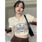Short-sleeve Print Cropped T-shirt Almond - One Size