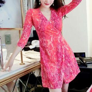 Snake Print 3/4-sleeve A-line Dress