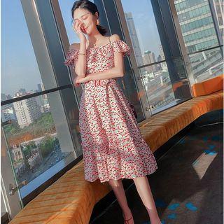 Off-shoulder Cherry Print Midi A-line Dress
