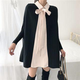 Color-block Bow-accent Long-sleeve Loose-fit Blouse Black - One Size