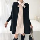Color-block Bow-accent Long-sleeve Loose-fit Blouse Black - One Size