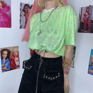 Drawstring Hem Snake Pattern Hooded Cropped Top