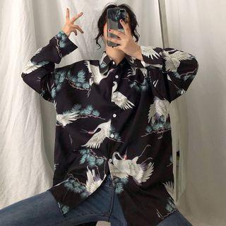 Long-sleeve Printed Chiffon Shirt Crane - Black - One Size