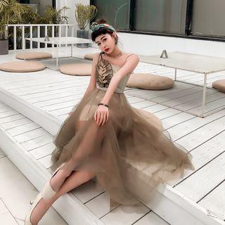 Leaf Accent Mesh Spaghetti Strap Midi Dress