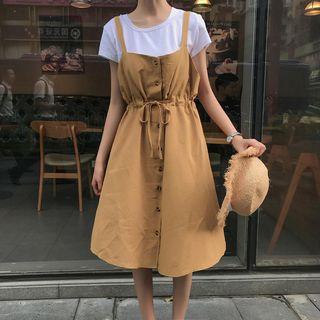 Drawstring Waist Buttoned Midi Pinafore Dress
