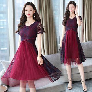 Lace Trim Mesh Panel Short-sleeve A-line Dress