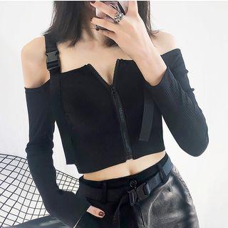 Long-sleeve Cold-shoulder Cropped Knit Top
