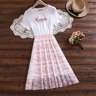Lettering Mesh Panel Midi A-line Dress