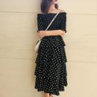 Dotted Elbow-sleeve Midi Tiered Dress