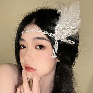 Rhinestone Feather Headpiece Silver - One Size