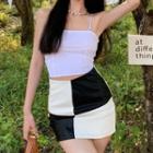 Cropped Camisole Top / Faux Leather Checkerboard Mini Skirt
