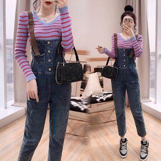 V-neck Striped Knit Top / Denim Jumper Pants