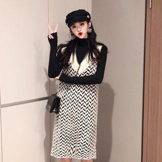 Long-sleeve Mock Neck T-shirt / Sleeveless Herringbone Dress