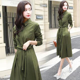 Drawstring Waist Plain Midi Coatdress
