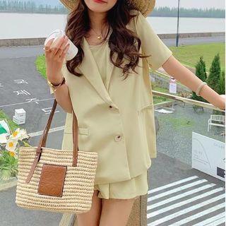 Set: Short-sleeve Plain Blazer + Camisole Top + Shorts