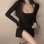 Square-neck Slit Mini Bodycon Dress Black - One Size