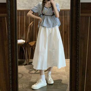 Plaid Short-sleeve Blouse / Midi A-line Skirt