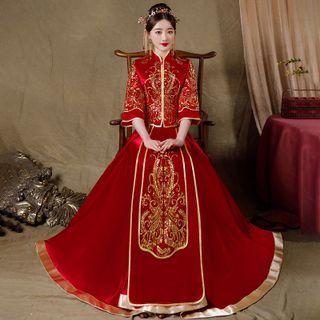 Set: Elbow-sleeve Embroidered Sequined Chinese Wedding Cheongsam + Maxi Skirt + Headpiece + Earring