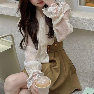 Long-sleeve Lace-up Lace Panel Shirt / Accordion Pleat Overall Dress