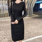 Cold-shoulder Long-sleeve Midi Knit Dress Black - One Size