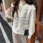High-neck Lace Long-sleeve Top / Argyle Knit Vest