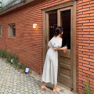 Off-shoulder Stripe Long Dress Black - One Size