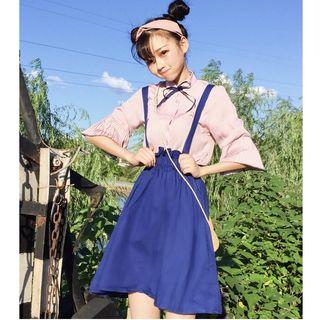 Elbow-sleeve Shirt / Suspender A-line Skirt