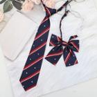 Set: Striped Neck Tie & Bow Tie Set Of 2 - Neck Tie & Bow Tie - Stripe - Dark Blue & Red & White - One Size