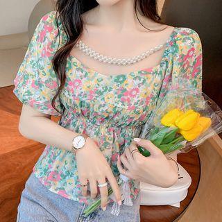 Puff-sleeve Faux Pearl Trim Floral Print Top