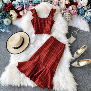 Set: Gingham Cropped Tank Top + High Waist Mermaid Skirt