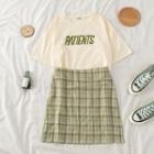 Letter Print Short Sleeve T-shirt / Plaid Mini A-line Skirt