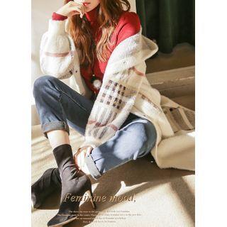 Hooded Plaid-panel Furry Cardigan