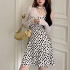 Spaghetti-strap Heart Print Mini A-line Dress / Long-sleeve Lace Top