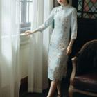 3/4-sleeve Floral Print Midi Sheath Qipao Dress