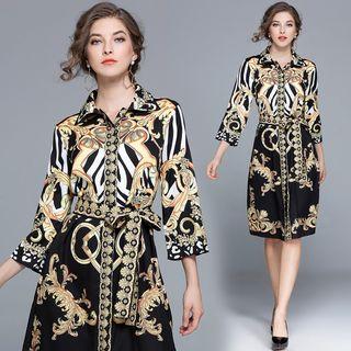 3/4 Sleeve Tie-waist Print Shirtdress
