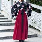 Floral Print Long-sleeve Hanfu Top/ Wide-leg Pants