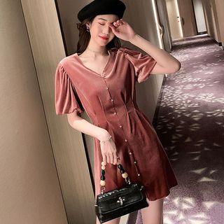 Set: Long-sleeve Lace Top + Short-sleeve A-line Mini Velvet Dress