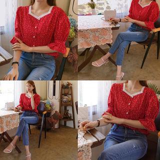 Laced Floral Print Square-neck Blouse