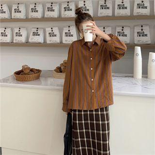 Striped Shirt / Plaid Midi Straight-fit Skirt