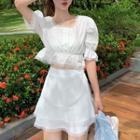 Lace Trim Puff-sleeve Blouse / Maxi A-line Skirt / Mini A-line Skirt