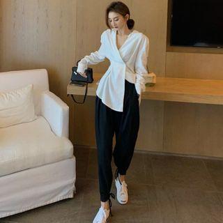 Asymmetric Loose Shirt / Tie-hem High-waist Dress Pants