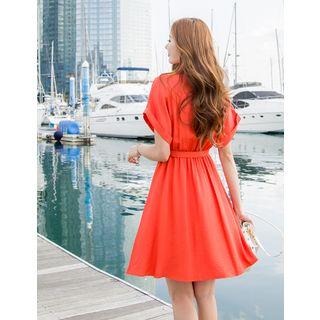 Open-placket Cuff-sleeve Dress With Belt