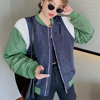 Color Block Zip Baseball Jacket Dark Blue & Green - One Size