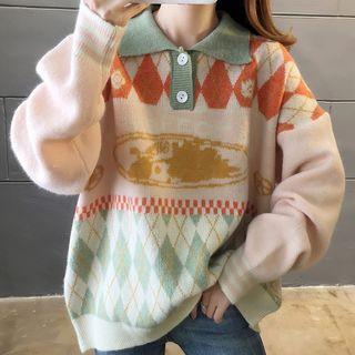 Argyle Patterned Collared Knit Top