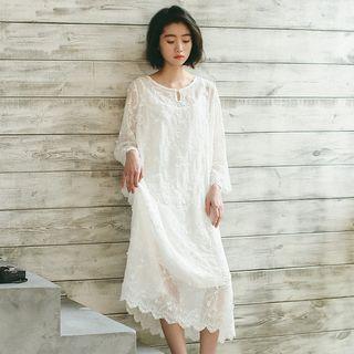 Set: Long-sleeve Embroidered Dress + Spaghetti Strap Dress