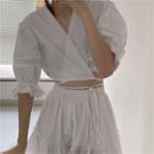 Puff-sleeve Lace Trim Wrap Crop Top / Tiered A-line Mini Skirt
