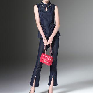 Set: Embellished Collar Sleeveless Denim Top + Boot Cut Jeans