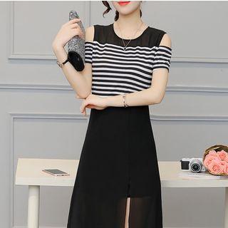 Stripe Panel Cold Shoulder Midi Dress