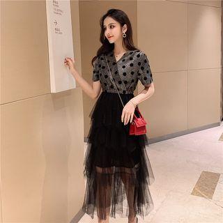 Mock Two-piece Short-sleeve Tiered Midi Dress
