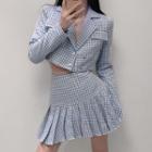 Gingham Double-breasted Cropped Blazer / Pleated Mini A-line Skirt